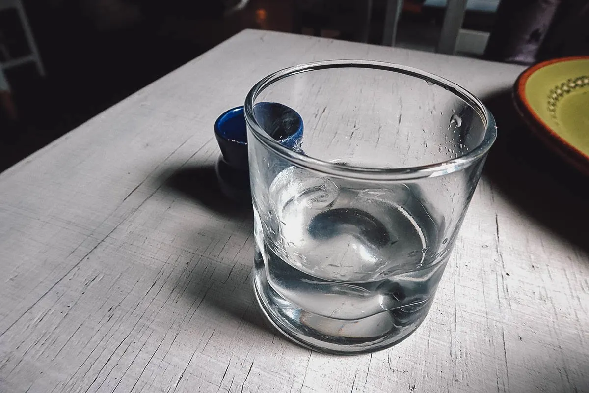 Glass of charanda at a restaurant in Morelia, Michoacan