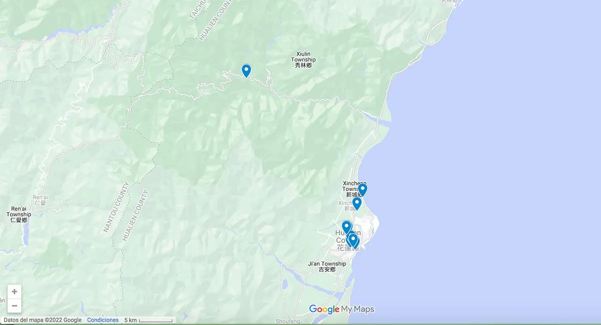 Points of interest in Hualien Hualien map with pins