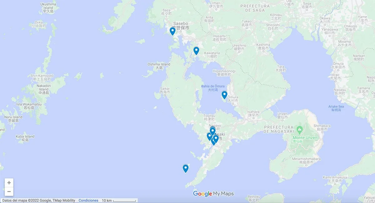 Points of interest in Nagasaki Nagasaki map with pins