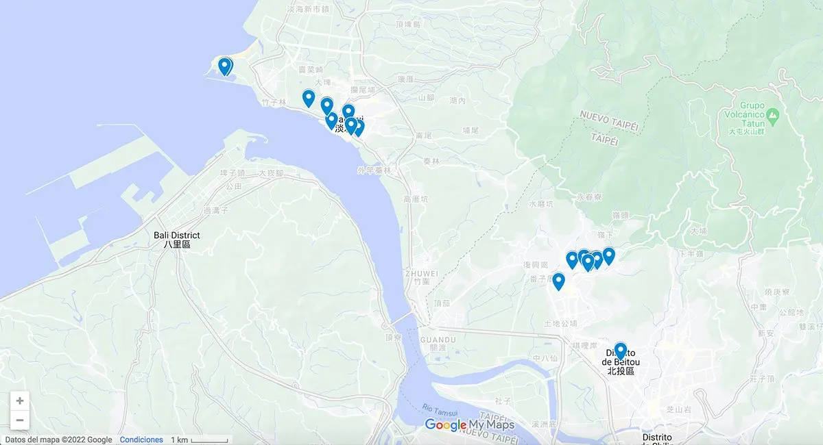 Beitou Hot Springs, Taipei, Taiwan Tamsui and Beitou map with pins