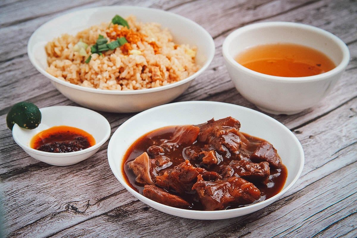 Filipino beef pares with fried rice and soup