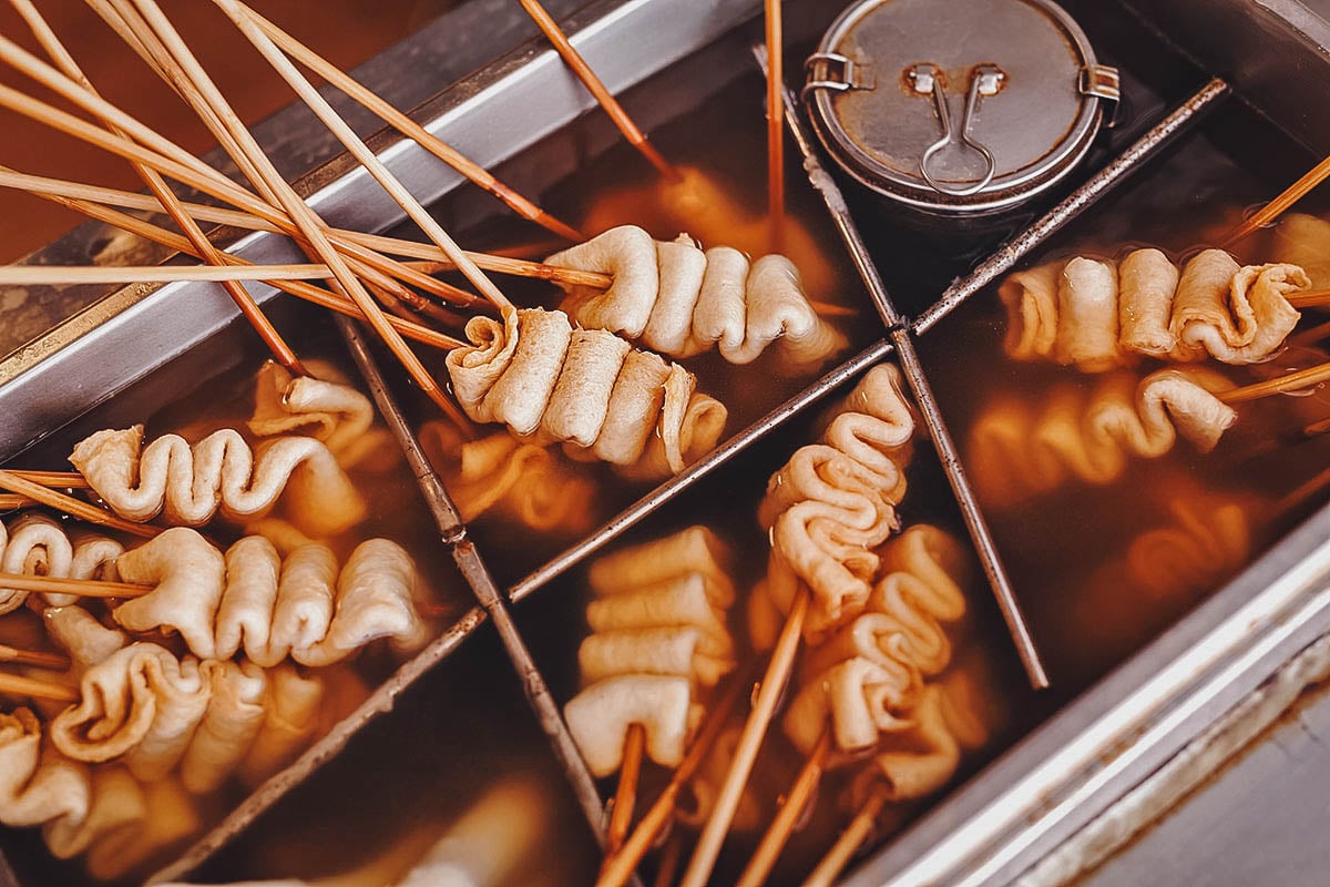 Skewers of Korean fish cake in broth