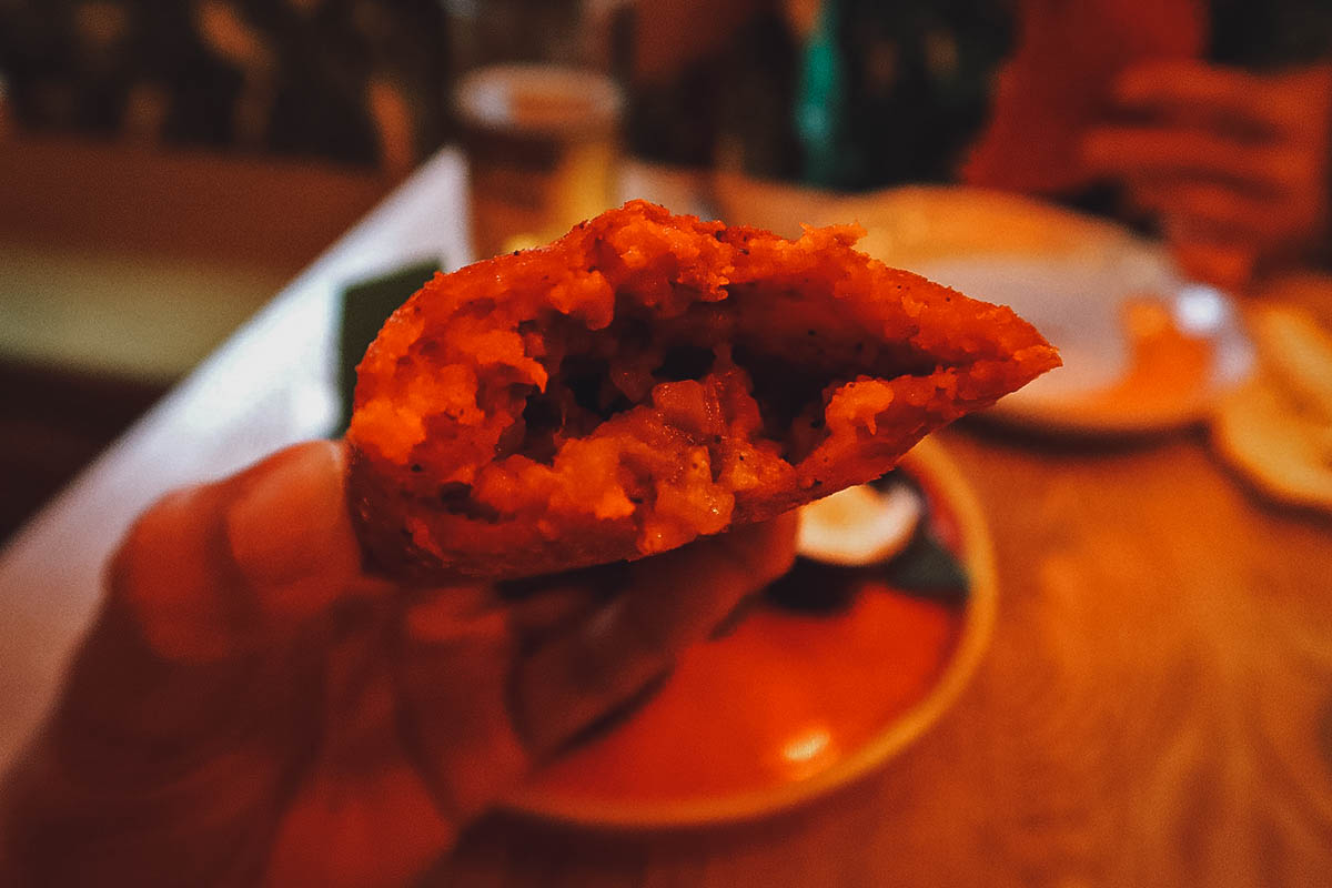 Inside an empanada at the Buena Vida restaurant in Cartagena