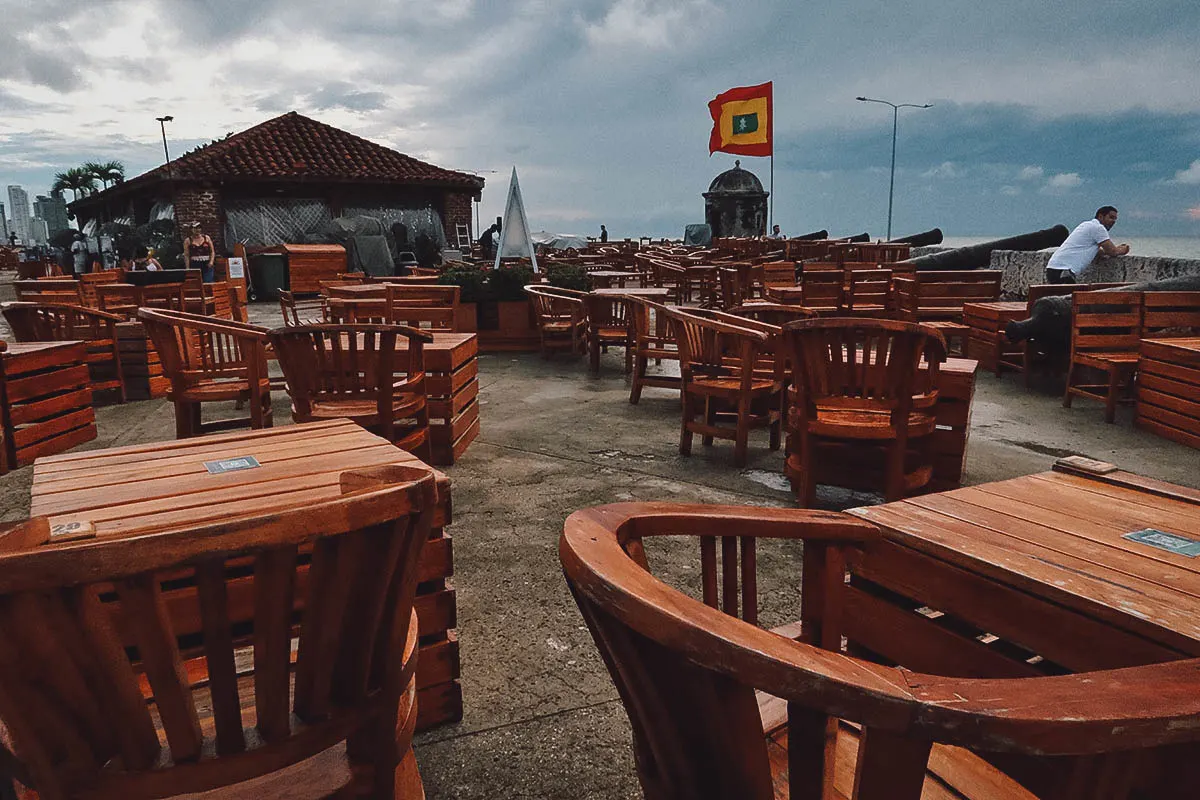 Outdoor seating at Cafe del Mar in Cartagena, Colombia