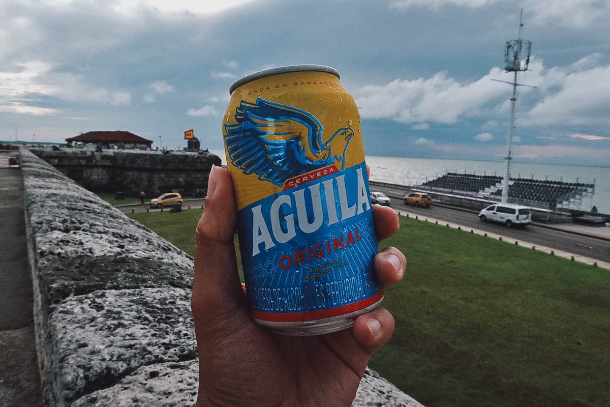 Aguila beer along the old walls in Cartagena, Colombia