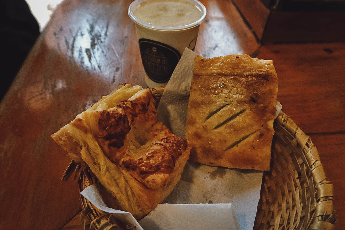 Pastries and hot chocolate at La Esquina del Pandebono bakery in Cartagena