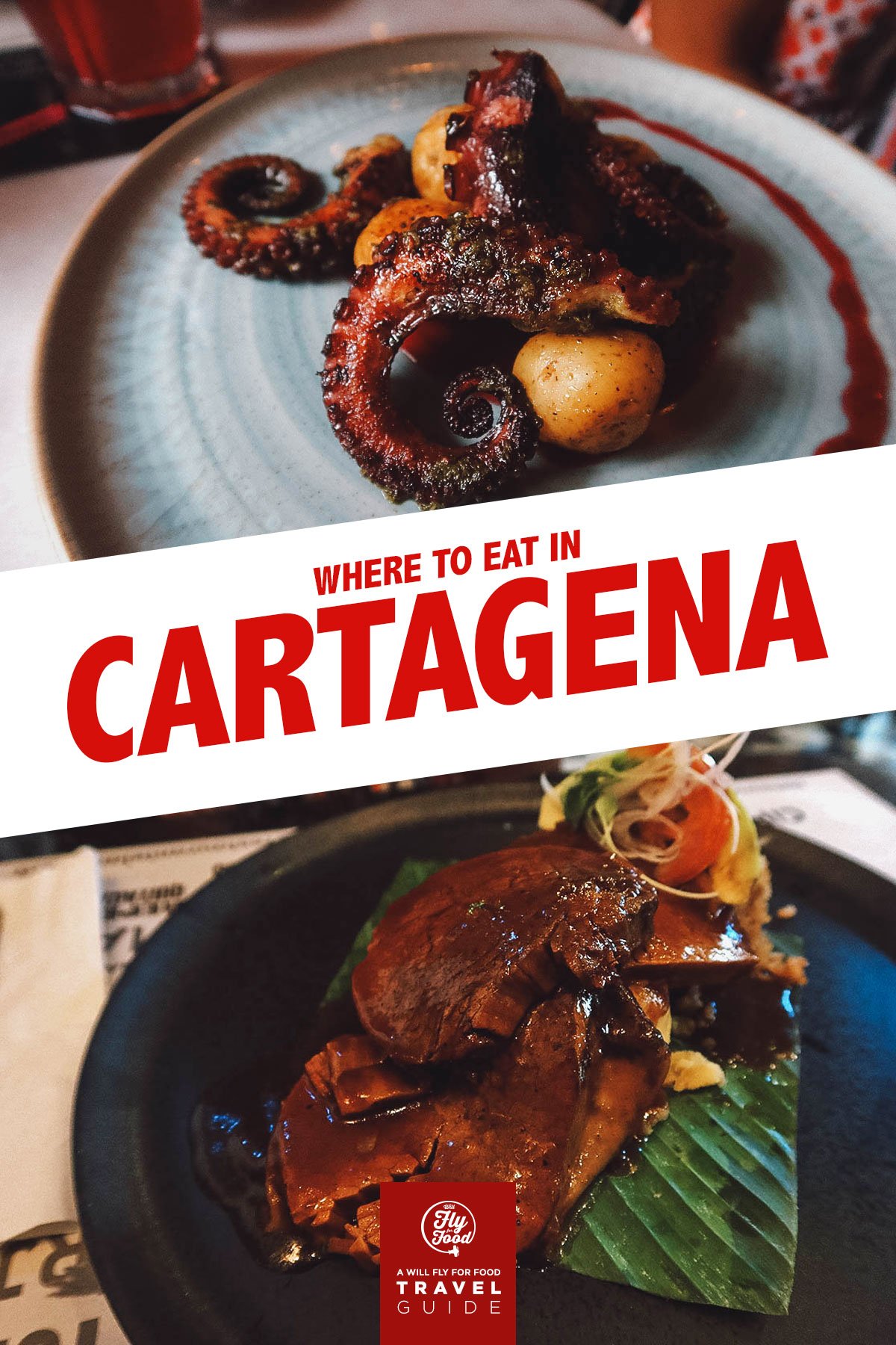 Octopus and posta cartagenera dishes at a restaurant in Cartagena