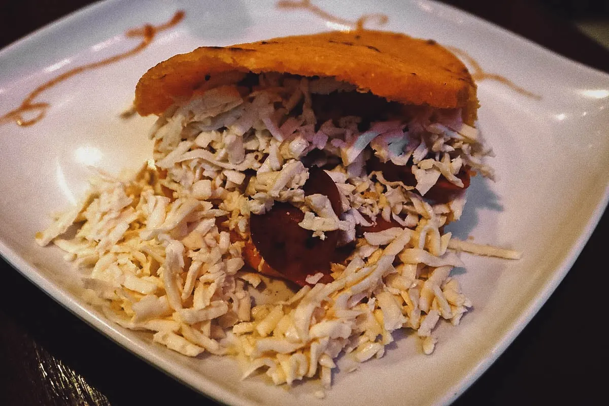 Chorizo arepa at Quero Arepa restaurant in Cartagena