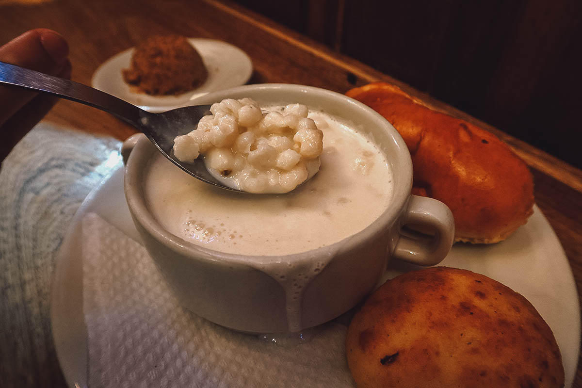 Hominy corn drink at La Puerta Falsa in Bogota