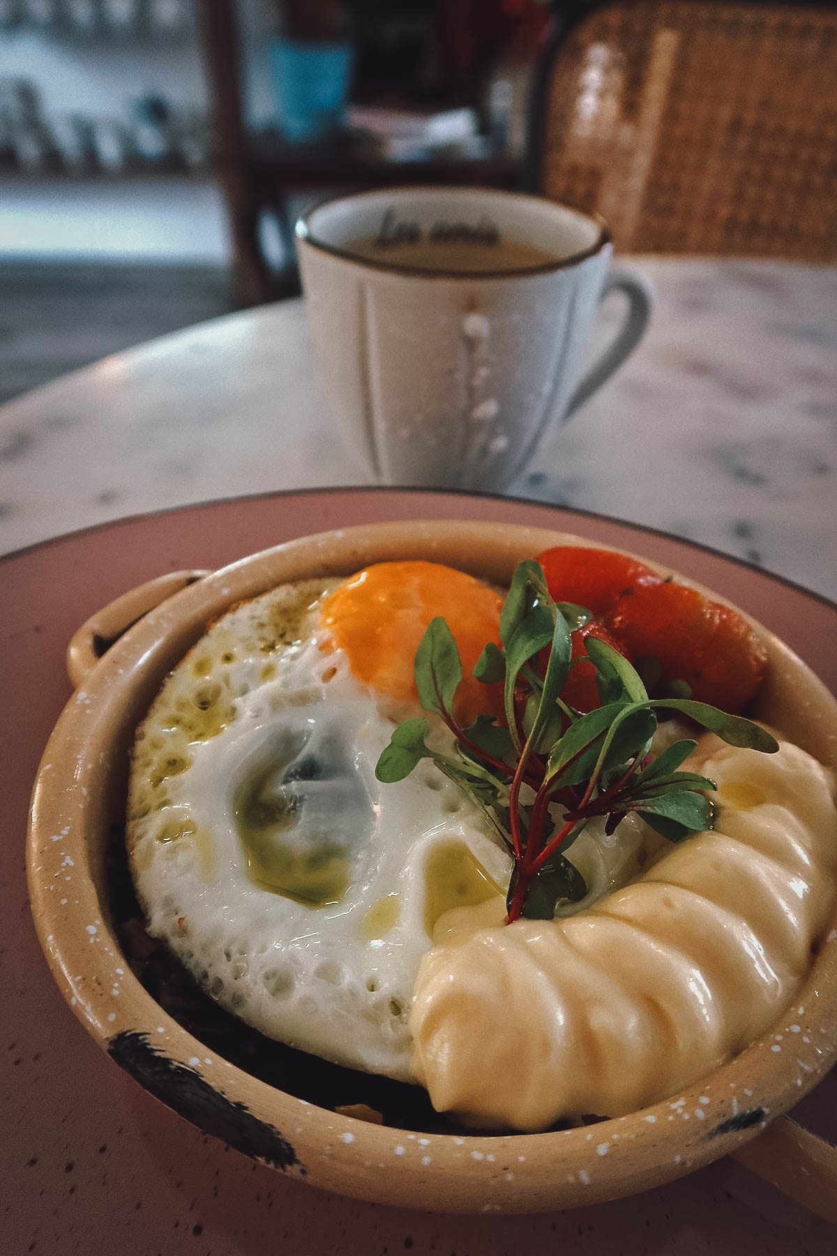 Breakfast dish at Les Amis Bizcocheria in Bogota