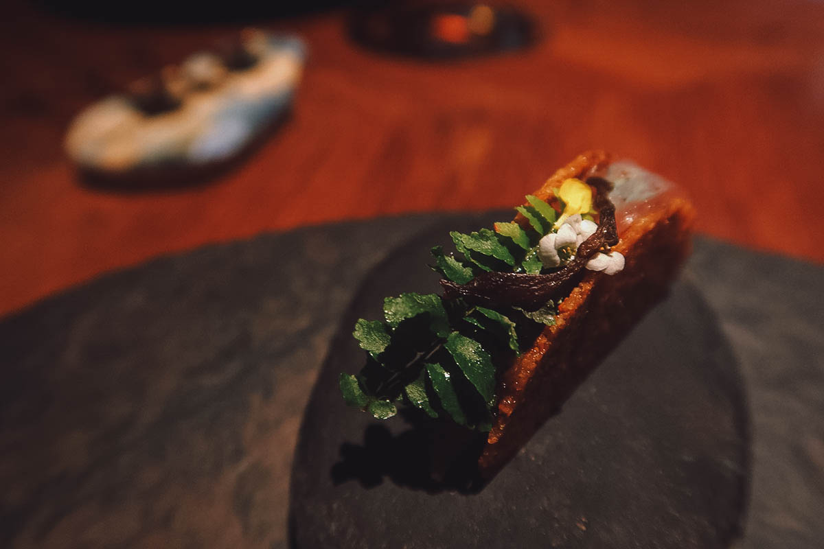 Close-up of taco appetizer at Restaurante Leo in Bogota