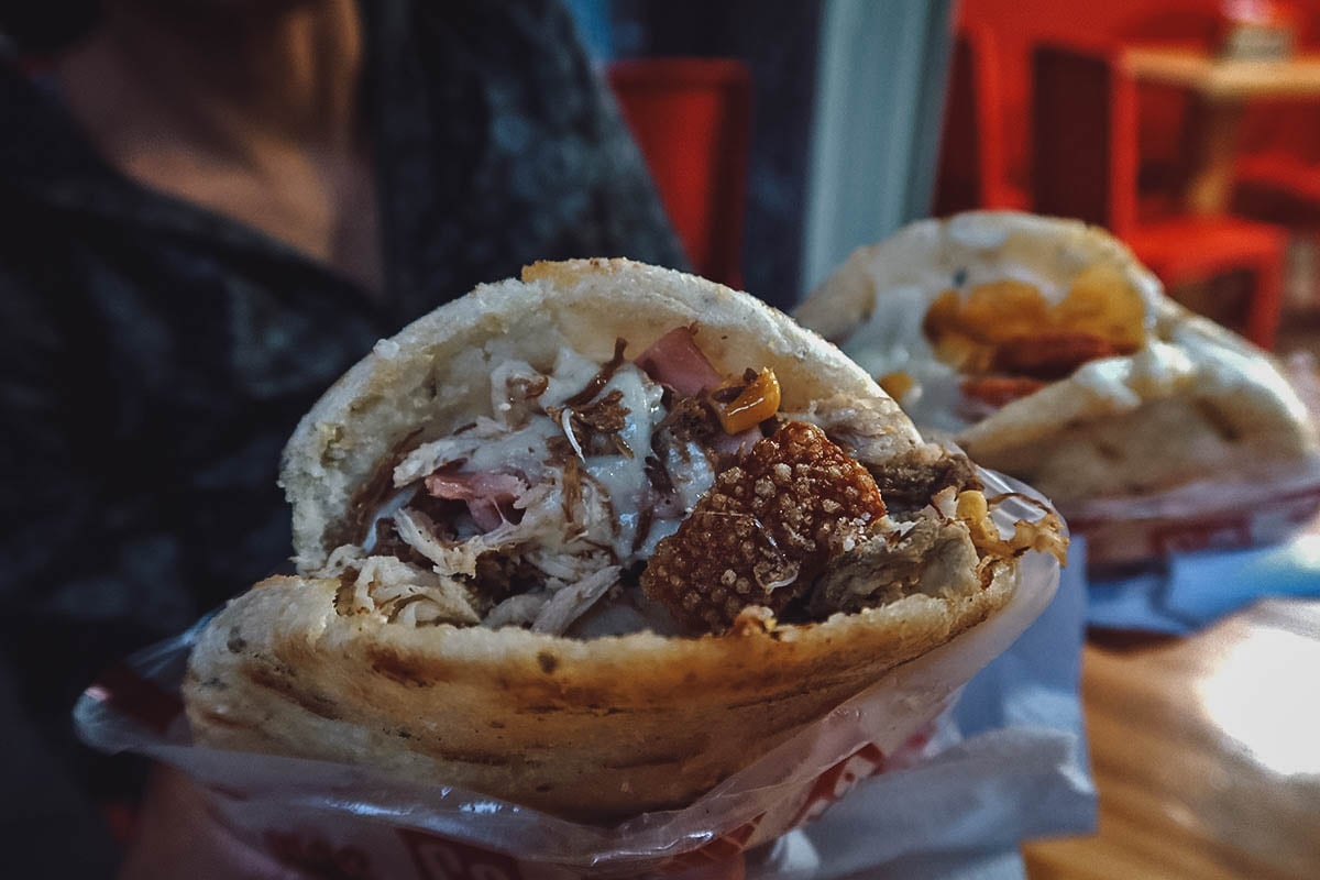 Arepa sandwich at Guilli Arepas restaurant in Medellin