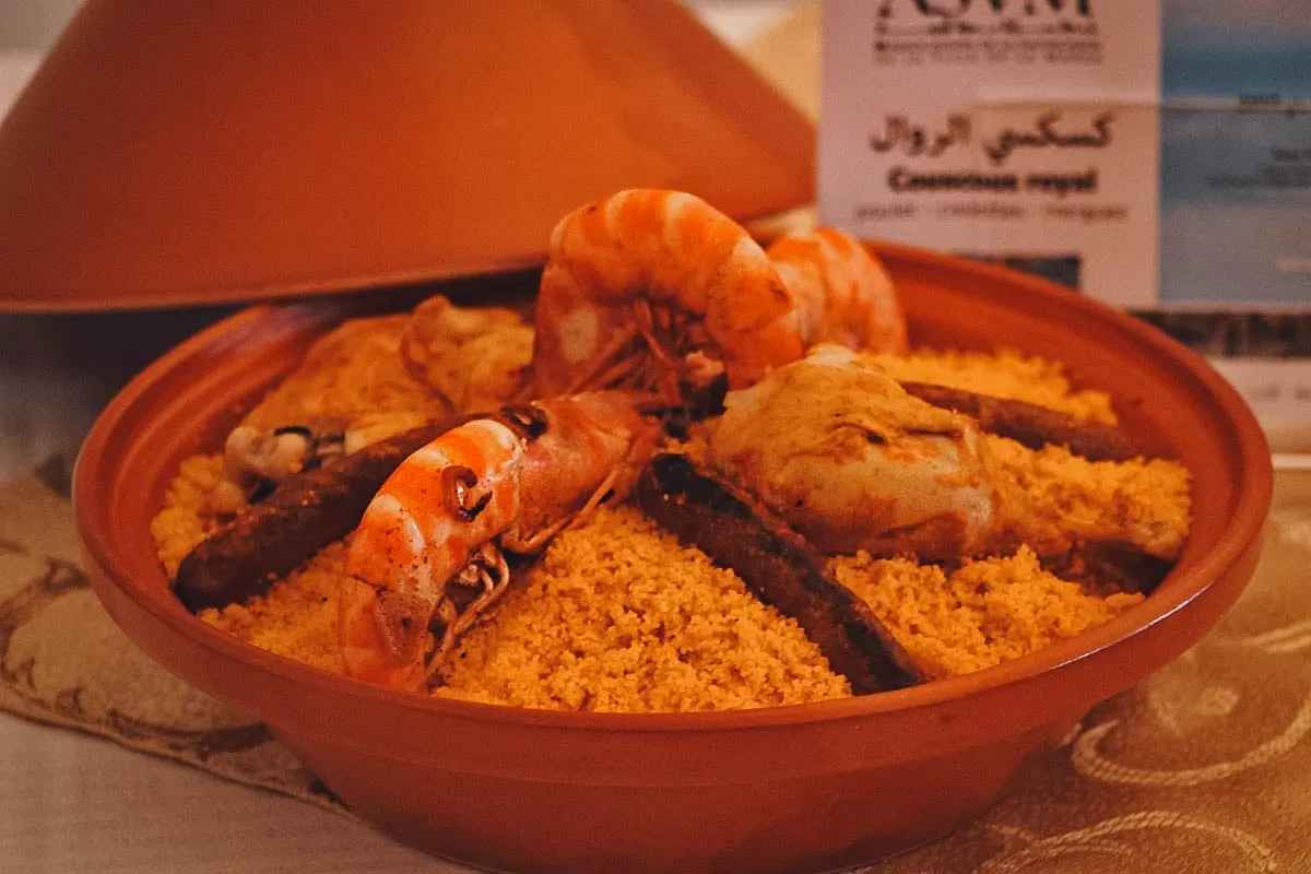 Tunisian Food Couscous prepared with meat and seafood, a traditional dish in Tunisian cuisine