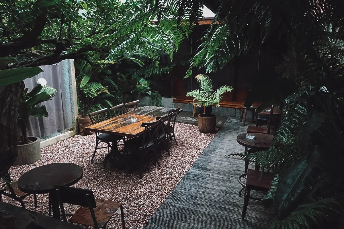 tan cafe garden seating in Hue, Vietnam