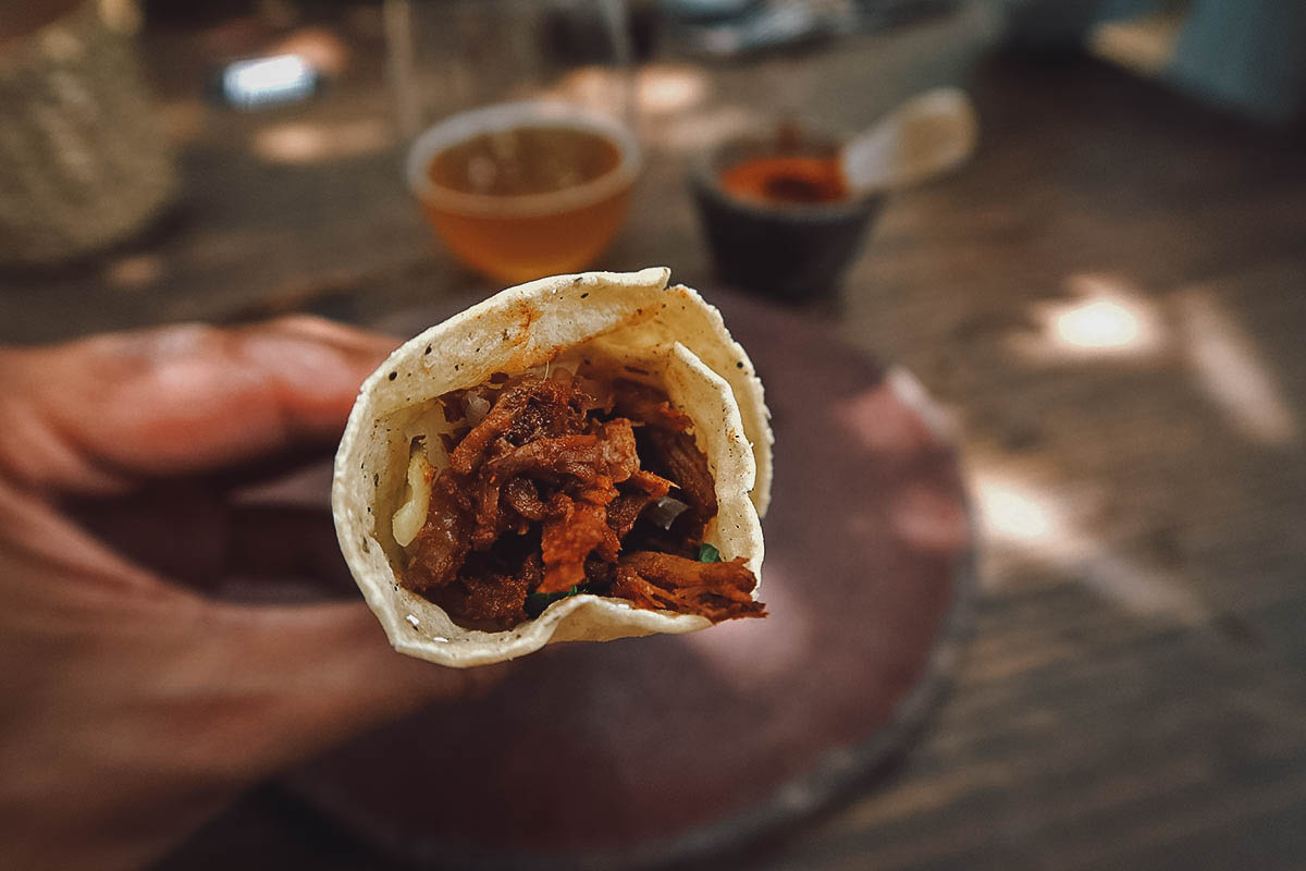 Barbacoa taco at Alfonsina restaurant in Oaxaca, Mexico