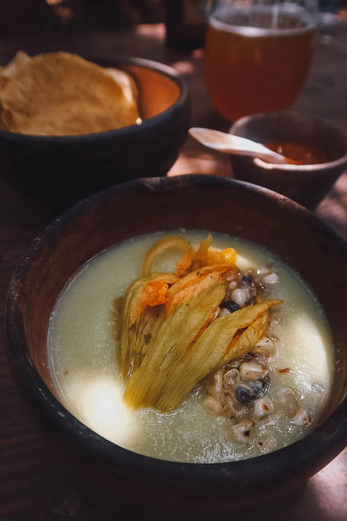 Pumpkin squash blossom soup at Alfonsina restaurant in Oaxaca, Mexico