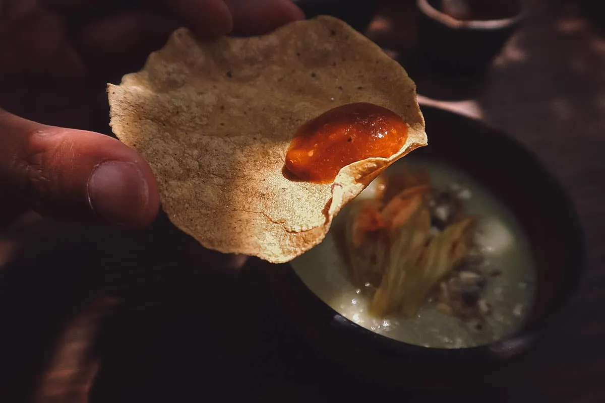 Tortilla with dip at Alfonsina restaurant in Oaxaca, Mexico