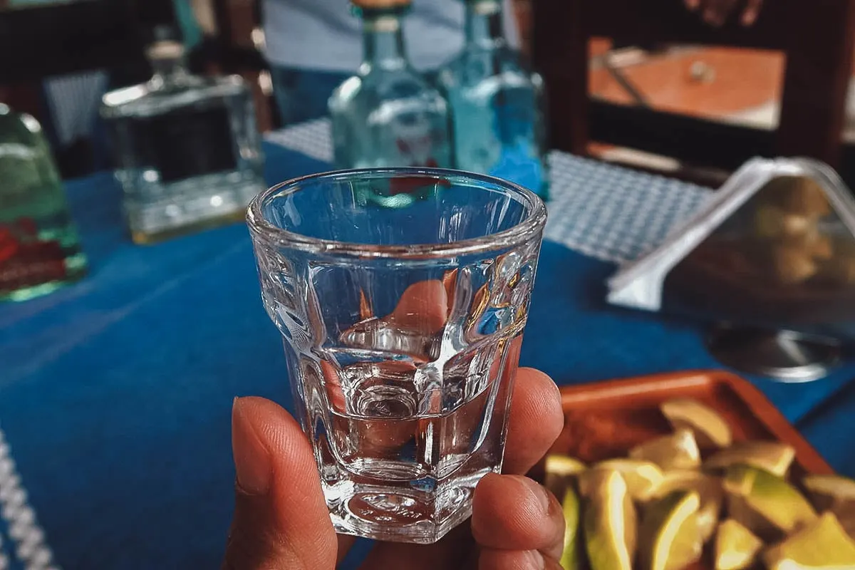 Shot of mezcal at Mezcal Don Agave in Oaxaca, Mexico