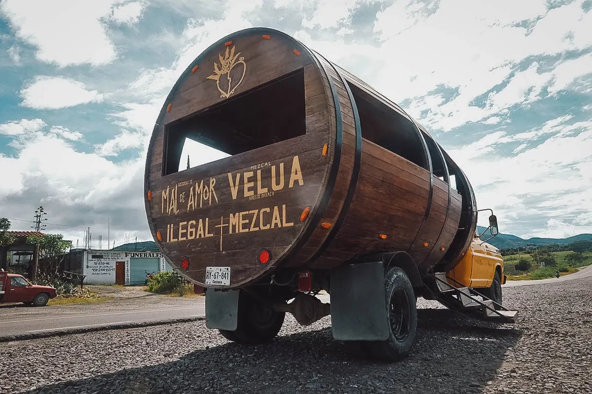 Mezcal barrel tour bus at Mal de Amor Mezcaleria in Oaxaca, Mexico