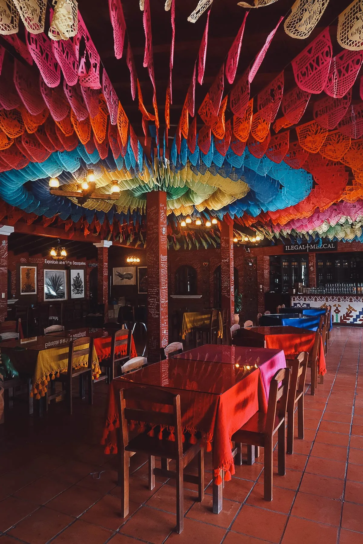 Dining area at Mal de Amor Mezcaleria in Oaxaca, Mexico
