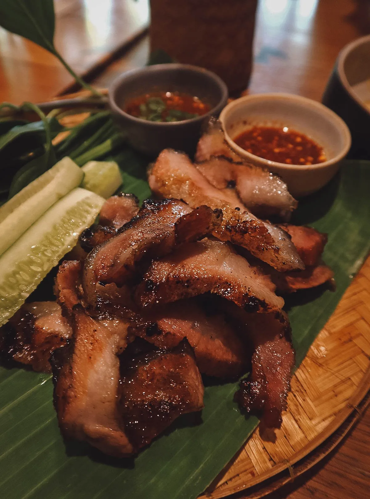 Grilled pork neck in Bangkok, Thailand