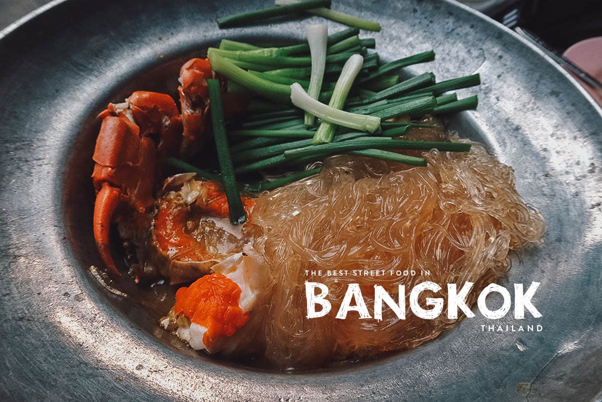 Crab with glass noodles street food dish in Bangkok, Thailand