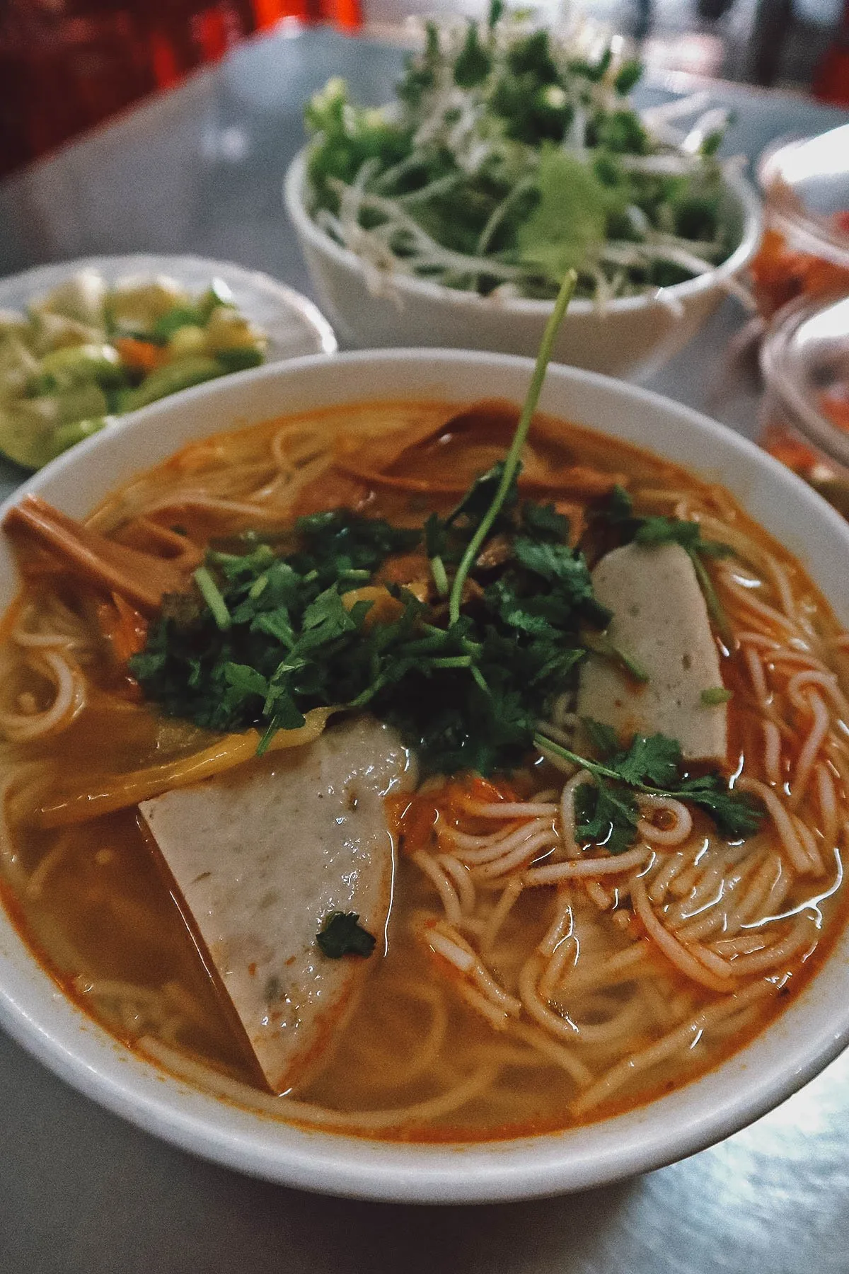 Fish cake noodle soup at a restaurant in Da Nang