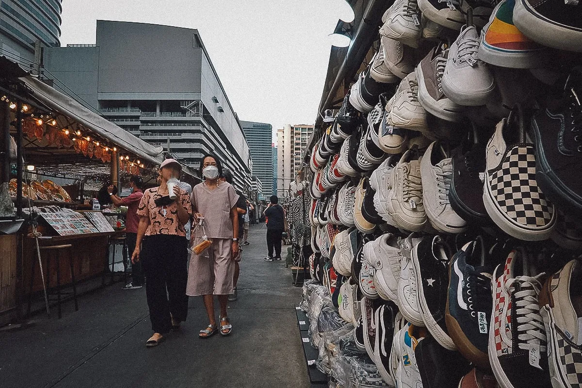 Shoes for sale at Jodd Fairs night market in Bangkok