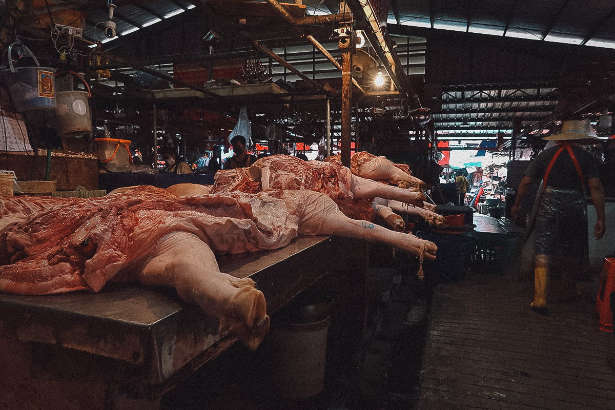 Pork for sale at Khlong Toei Market in Bangkok