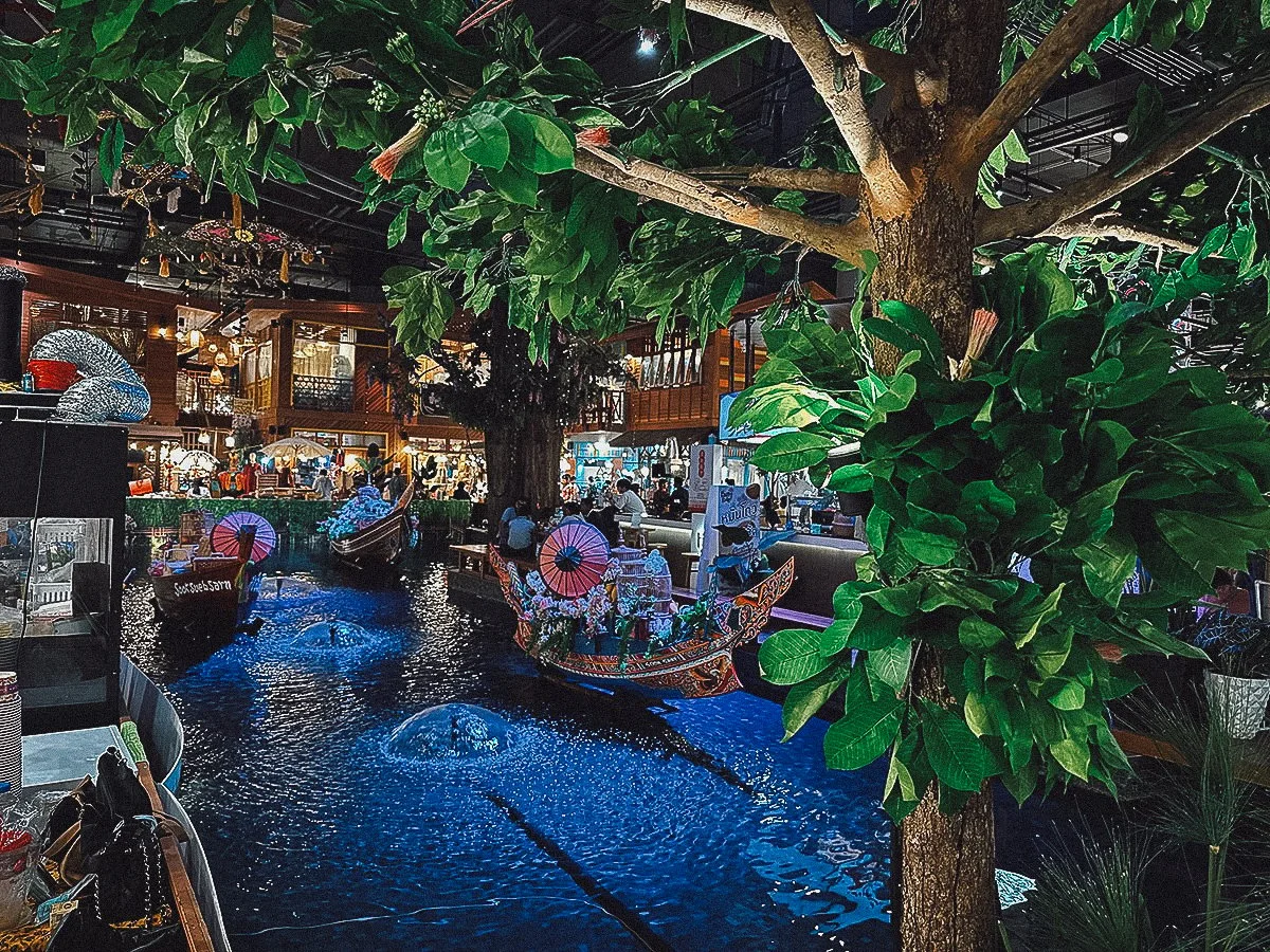 Display boats at Sooksiam floating market in Bangkok