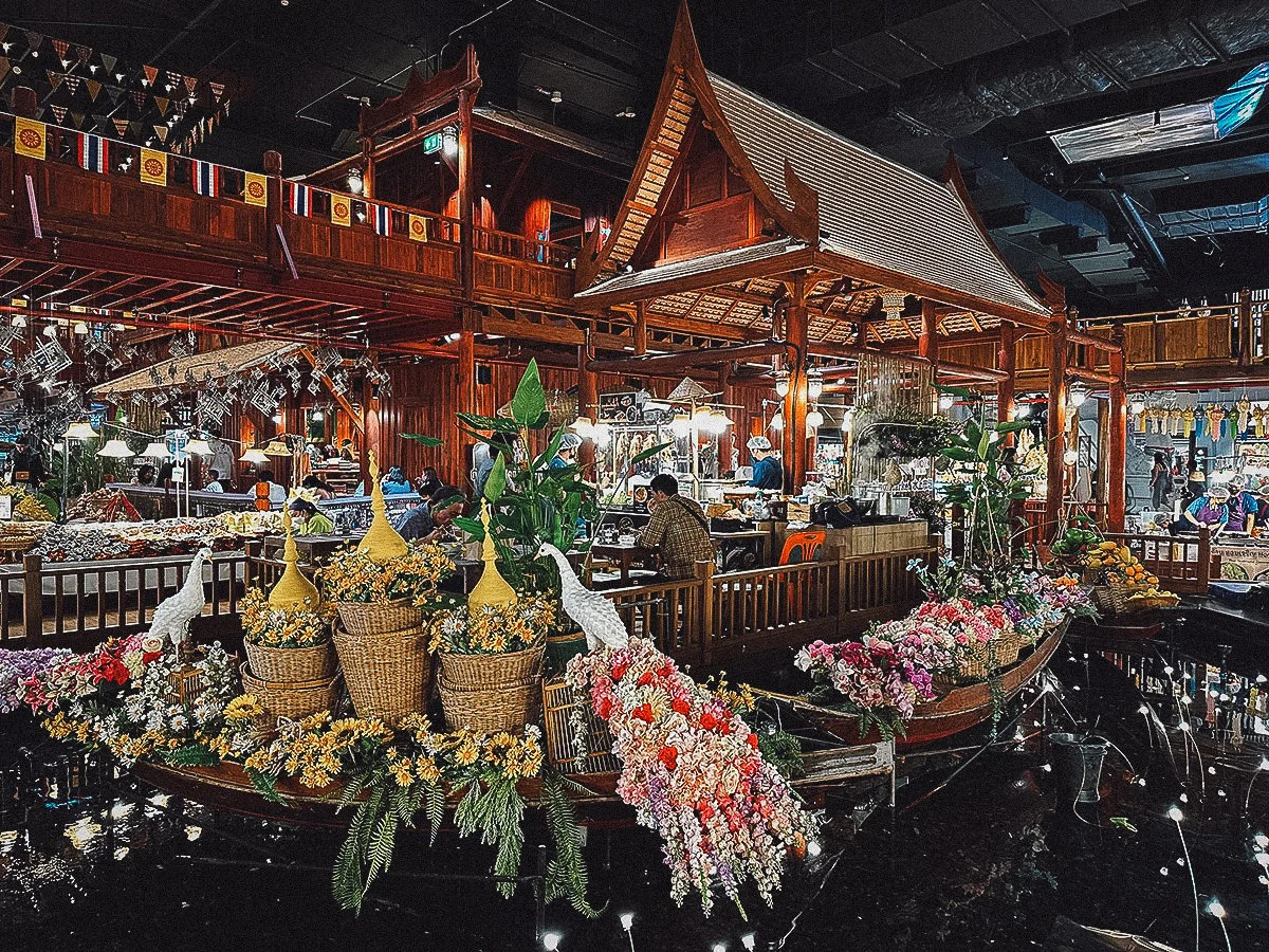 Display boats at Sooksiam floating market in Bangkok