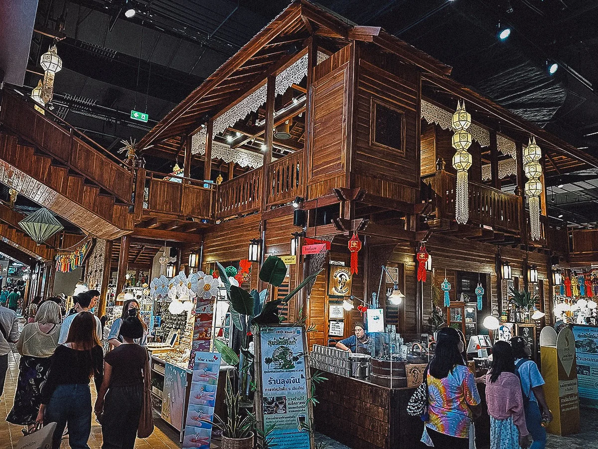 Traditional houses at Sooksiam floating market in Bangkok