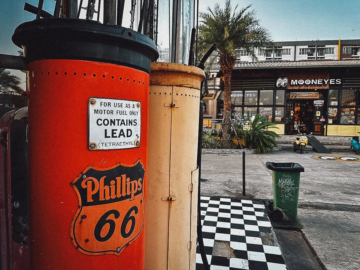 Vintage gas pumps at Train Night Market Srinakarin in Bangkok