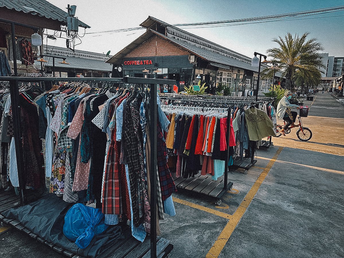 Clothing for sale at Srinagarindra Train Market in Bangkok