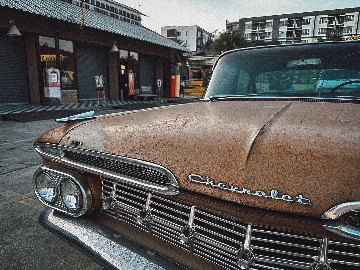 Vintage car at Train Night Market Srinakarin in Bangkok