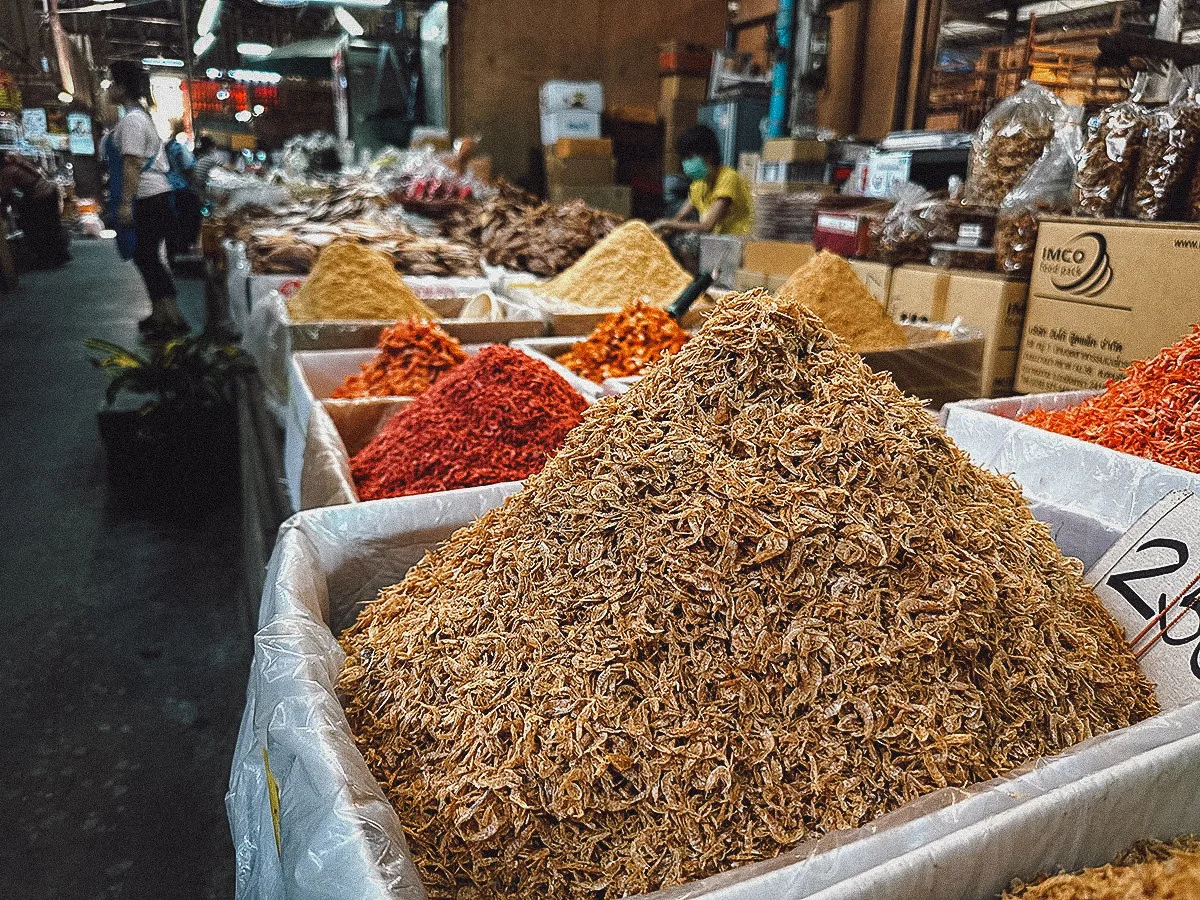 Dried shrimp for sale at Tha Tian Market in Bangkok