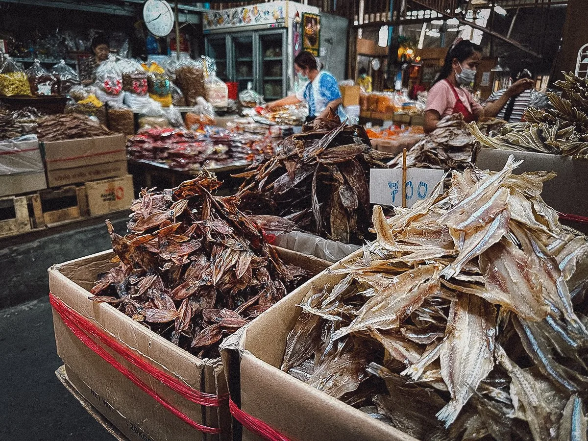 Dried fish for sale at Tha Tian Market in Bangkok