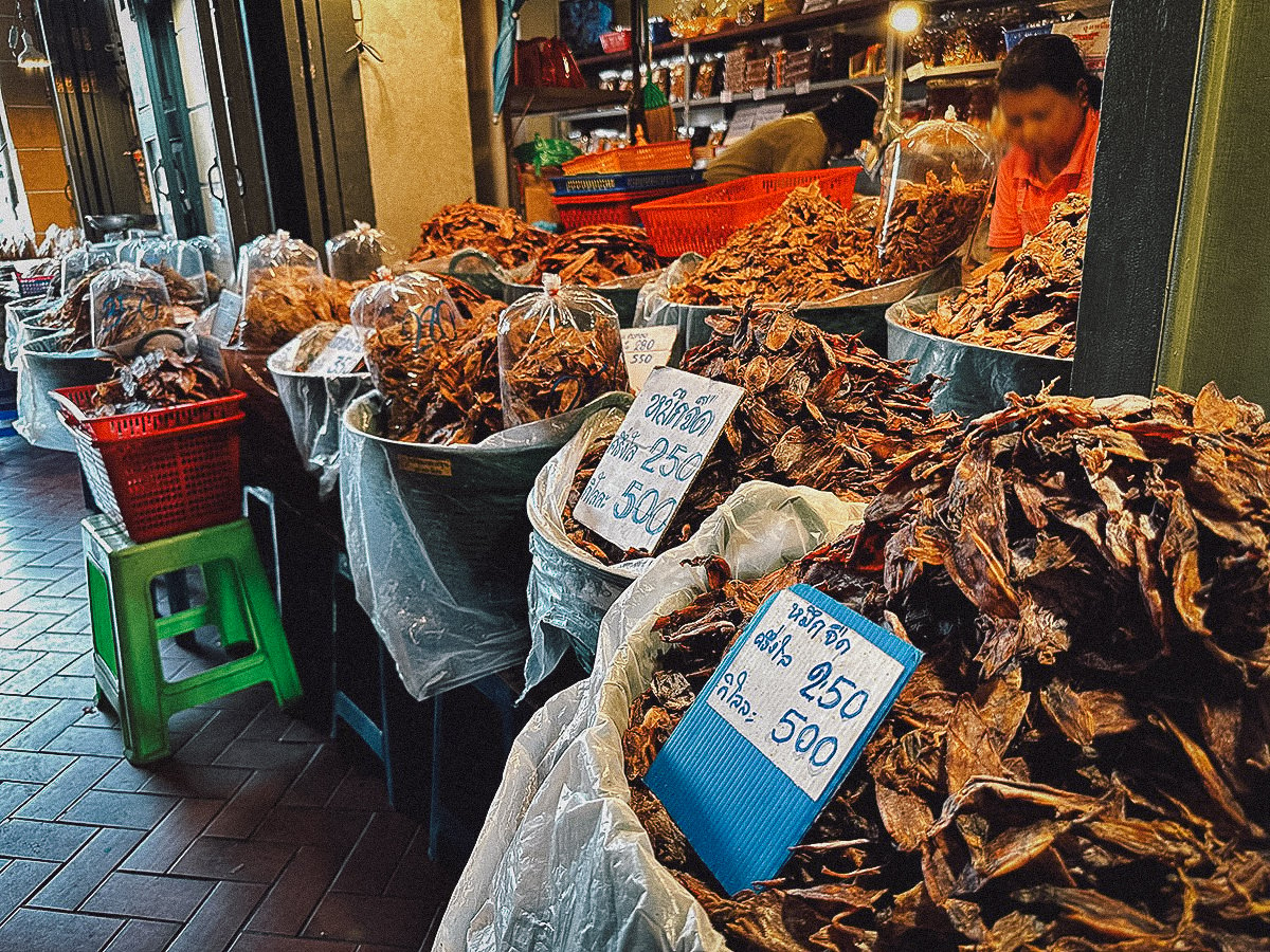 Dried fish for sale at Tha Tian Market in Bangkok