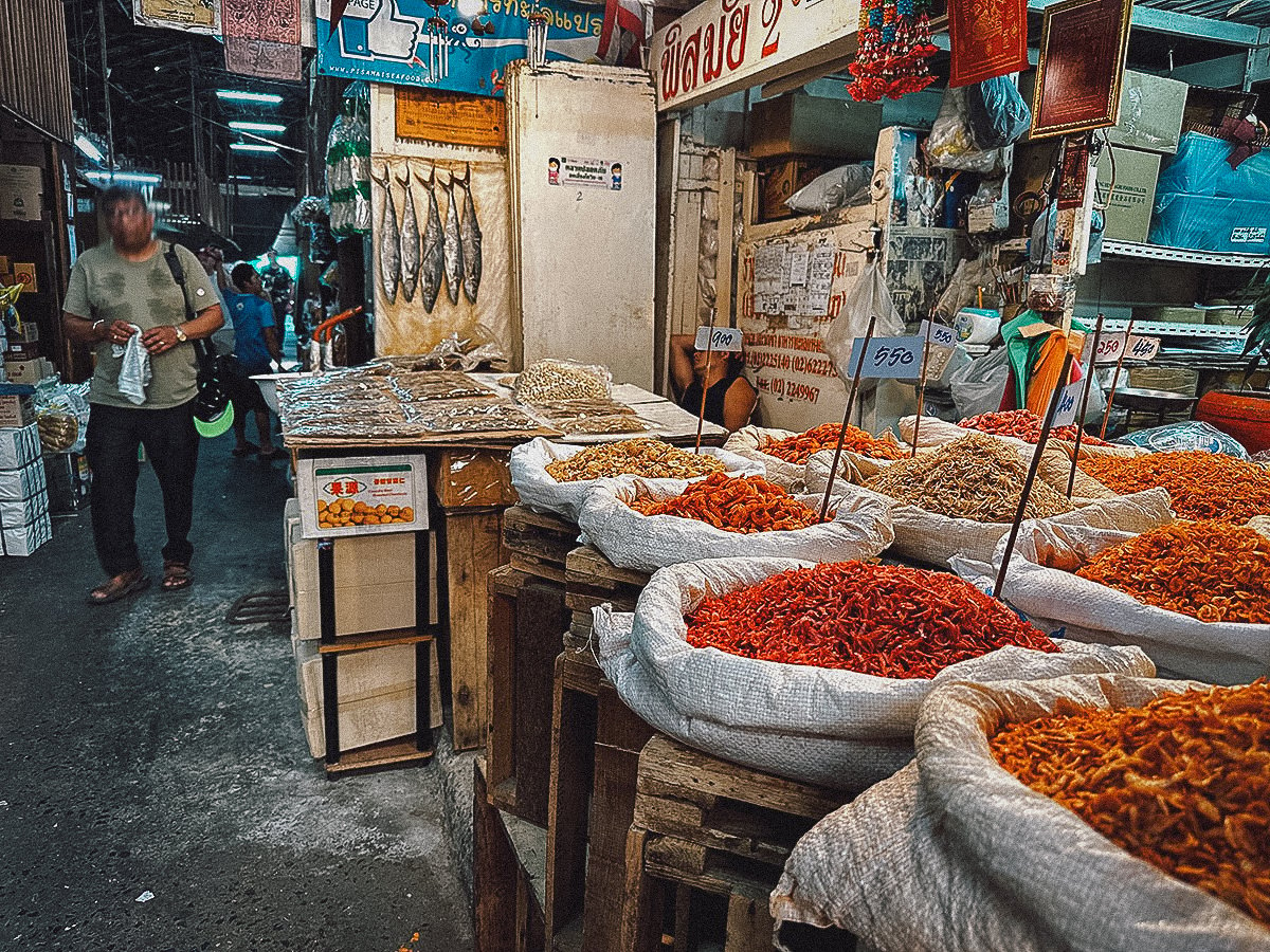 Dried shrimp for sale at Tha Tian Market in Bangkok
