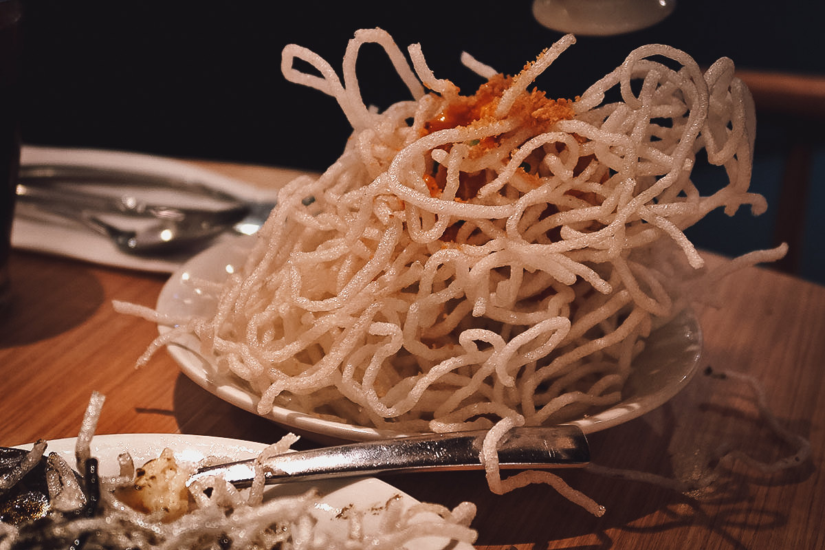 Pancit palabok at a restaurant in Metro Manila