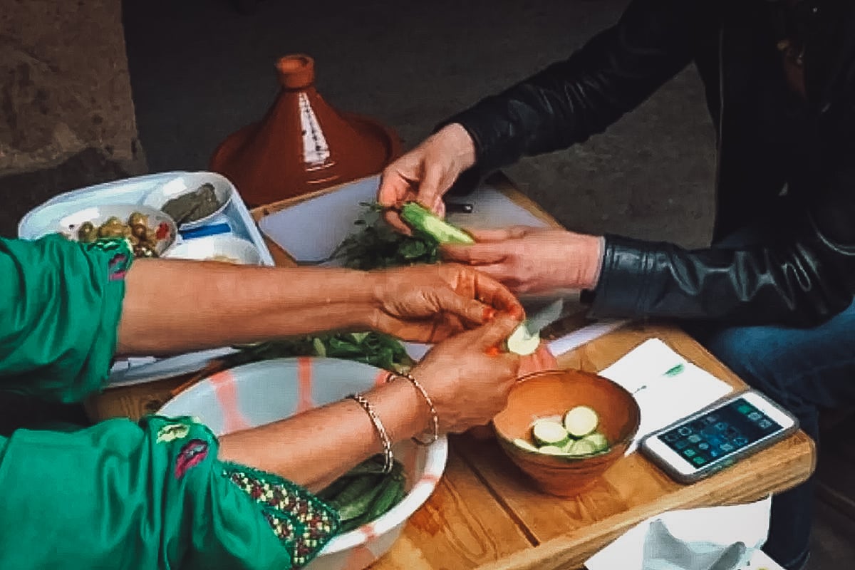 Prepping ingredients at a Moroccan cooking class