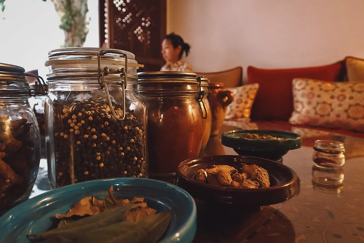 Spices and ingredients from a Moroccan cooking class at La Maison Arabe Marrakech