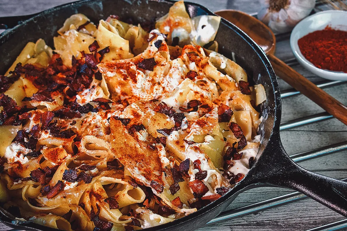 Hungarian turos csusza with sour cream