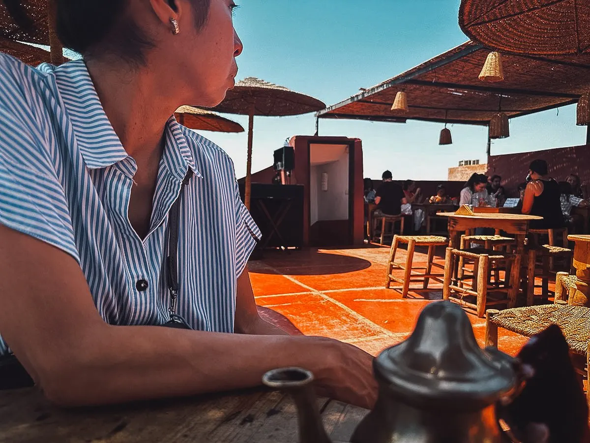 Rooftop seating at Cafe de Epices in Marrakesh, Morocco