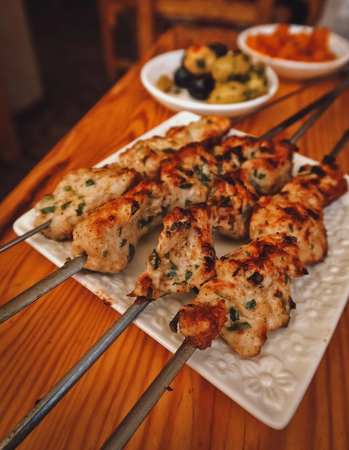 Chicken brochette at a restaurant in Marrakech