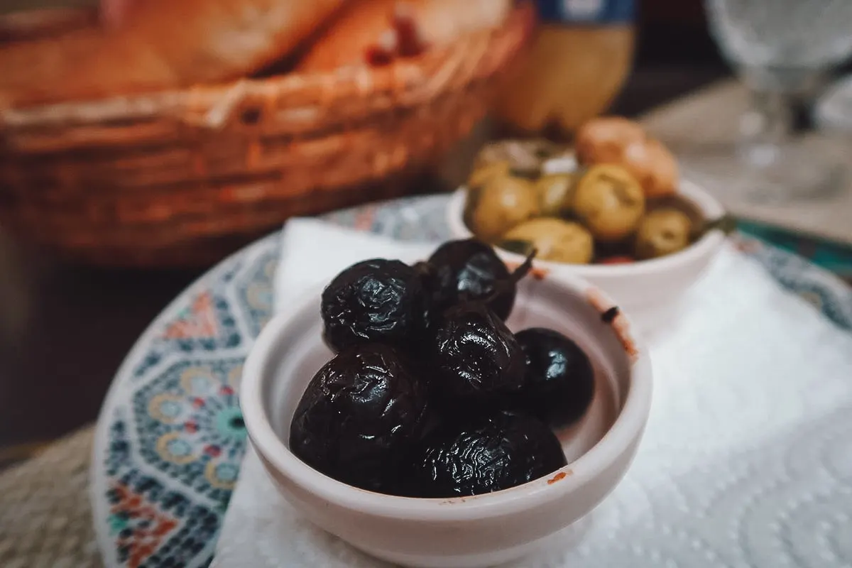 Moroccan bread and olives at a restaurant in Marrakech