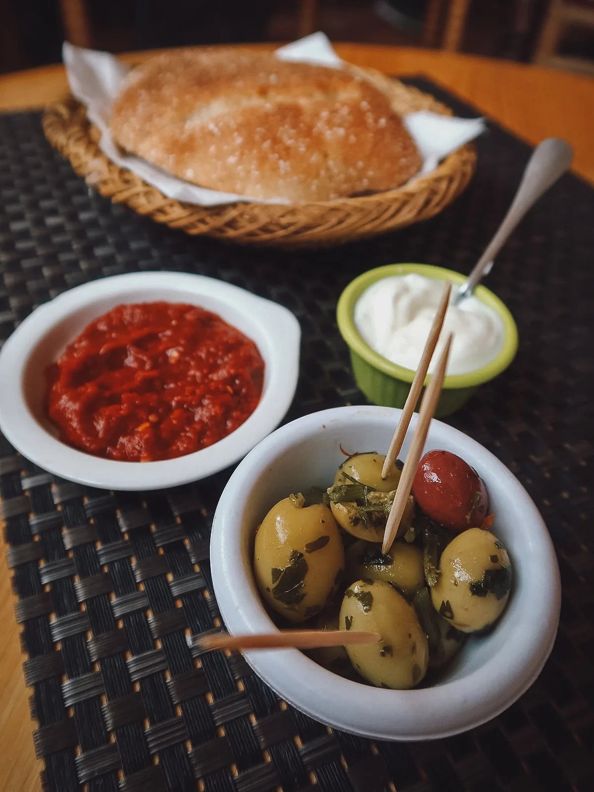 Olives and Moroccan bread at a restaurant in Marrakech