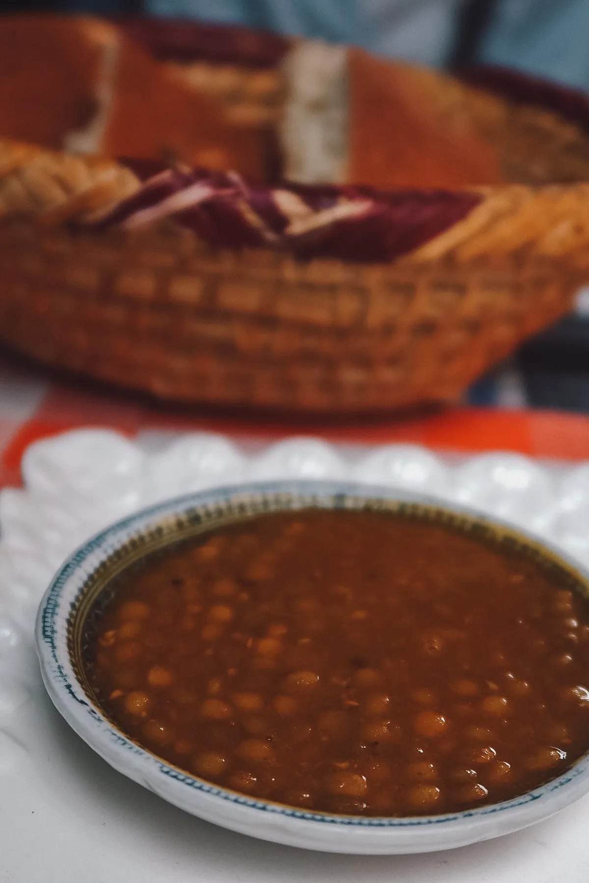 Moroccan bread and lentil dip at a restaurant in Marrakech