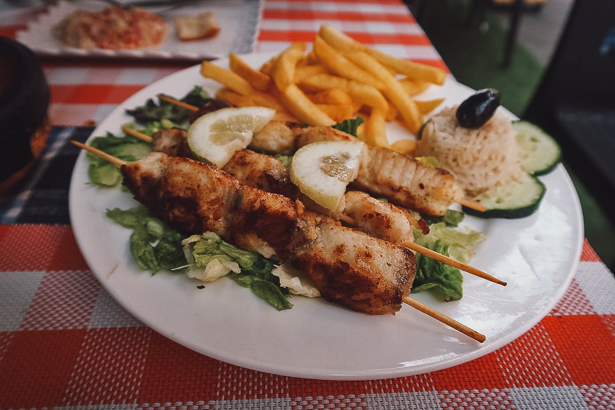 Fish brochette at a restaurant in Marrakech