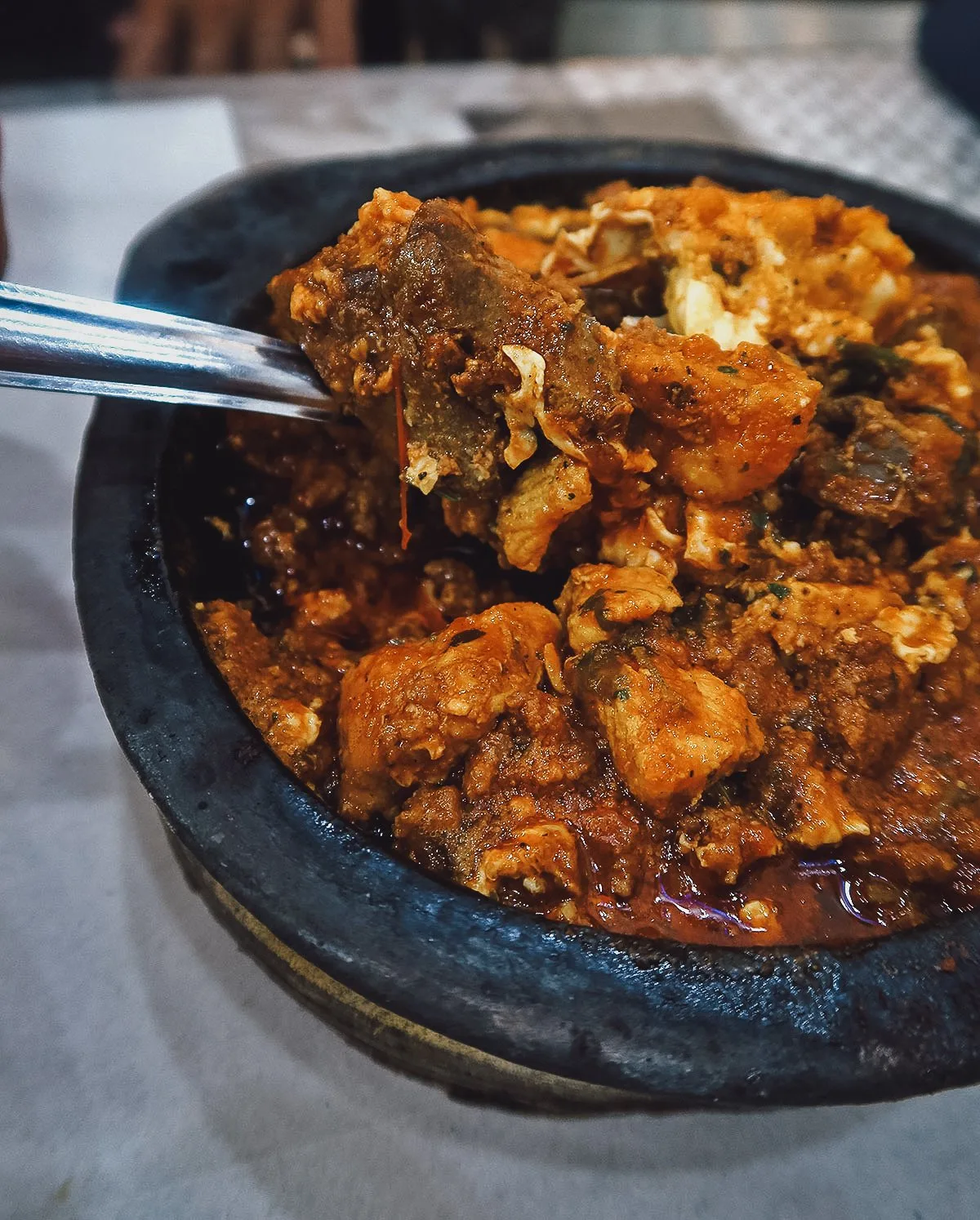 Meat tagine at a restaurant in Tangier